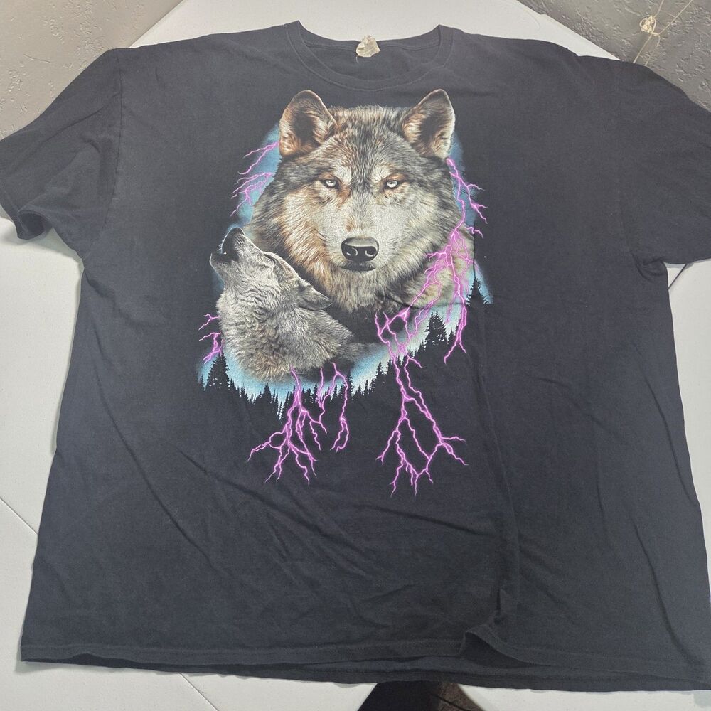 Vintage Howling Wolf Lightning T-Shirt Mens 3XL Black Fruit of the Loom